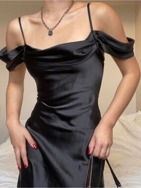 Sleek Black Satin One-Shoulder Slip Dress